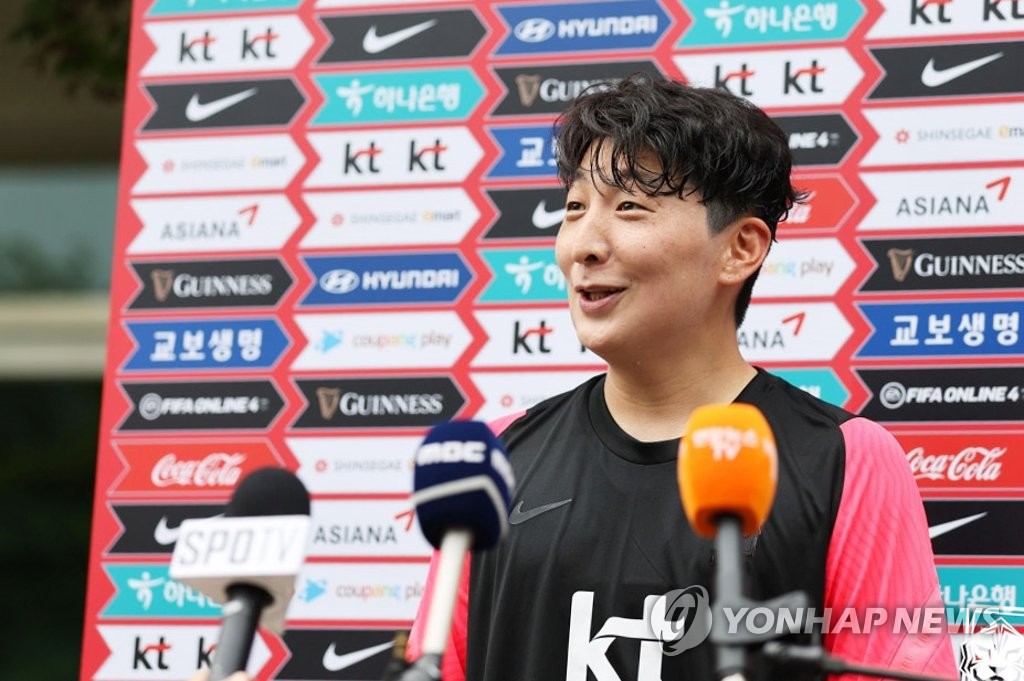Park Eun-seon of the South Korean women's national football team speaks to reporters at the National Football Center in Paju, Gyeonggi Province, on July 6, 2022, in this photo provided by the Korea Football Association. (PHOTO NOT FOR SALE) (Yonhap)