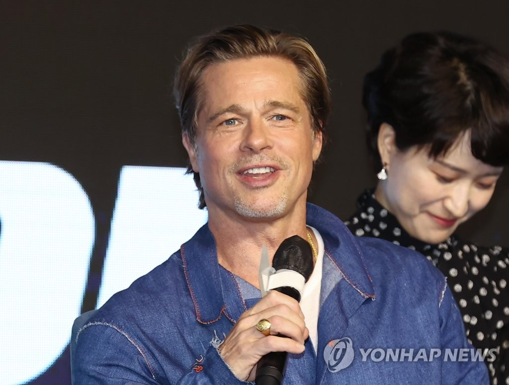 American star actor Brad Pitt speaks during a press conference in Seoul on Aug. 19, 2022. (Yonhap)