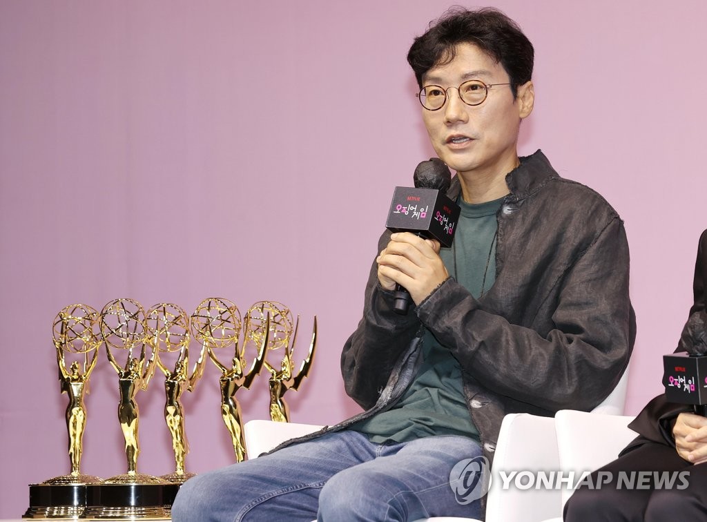 "Squid Game" creator Hwang Dong-hyuk speaks during a press conference, celebrating its six Emmy wins, held in Seoul on Sept. 16, 2022. (Yonhap)