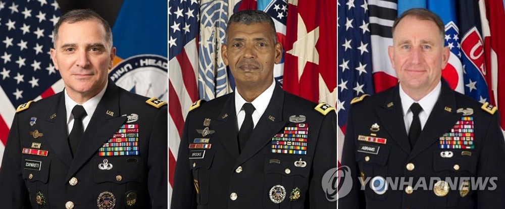 These undated file photos, provided by the Ministry of Patriots and Veterans Affairs, show former U.S. Forces Korea (USFK) commanders -- Gen. Curtis Scaparrotti (L), Gen. Vincent Brooks (C) and Gen. Robert Abrams. (PHOTO NOT FOR SALE) (Yonhap)