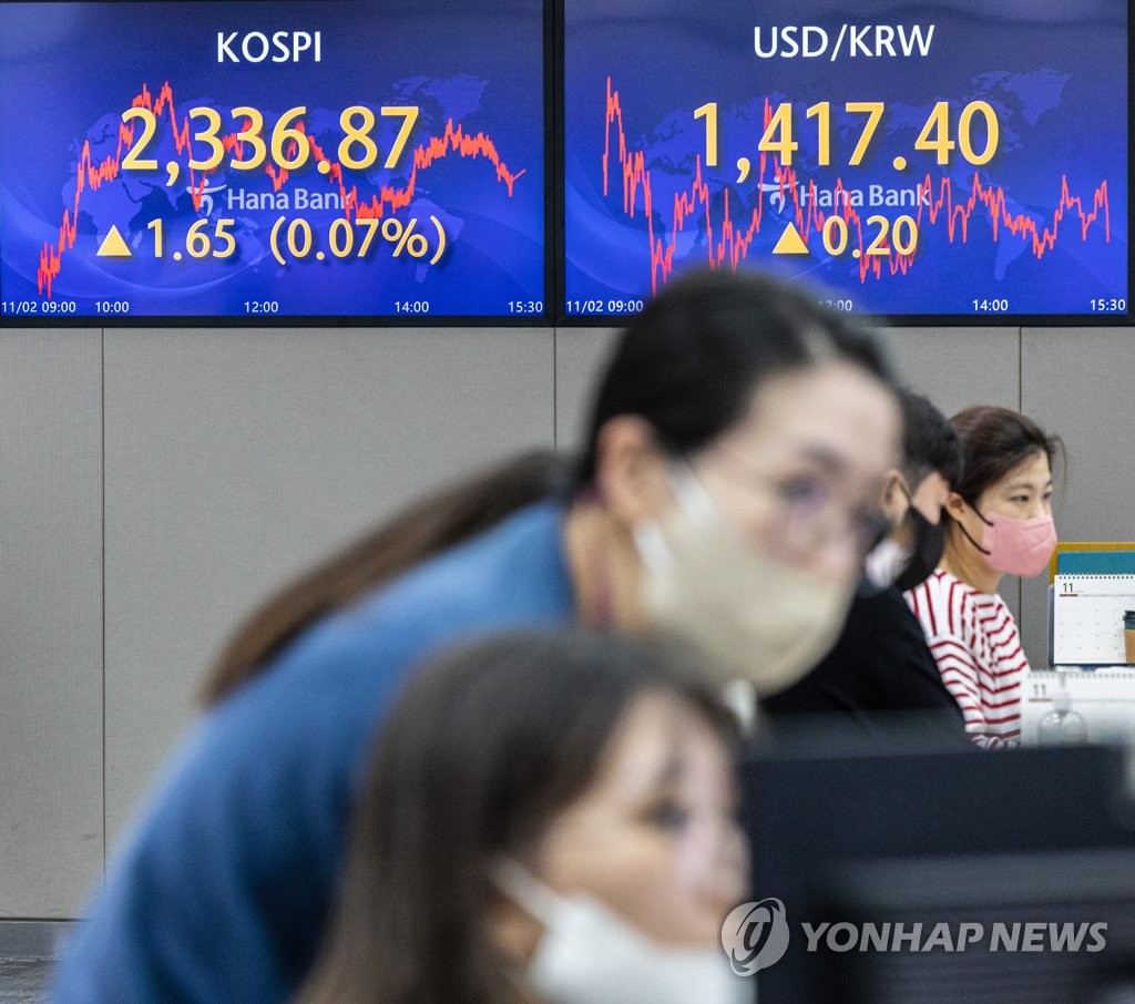Screens at a dealing room in Hana Bank shows the closing KOSPI index and won-dollar exchange rate on Nov. 2, 2022. (Yonhap)