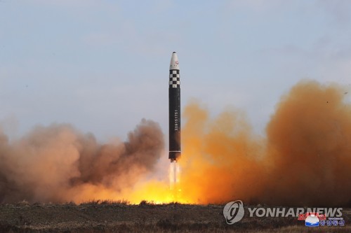 This file photo, carried by North Korea's official Korean Central News Agency on Nov. 19, 2022, shows the North's firing of a Hwasong-17 intercontinental ballistic missile the previous day. (For Use Only in the Republic of Korea. No Redistribution) (Yonhap)