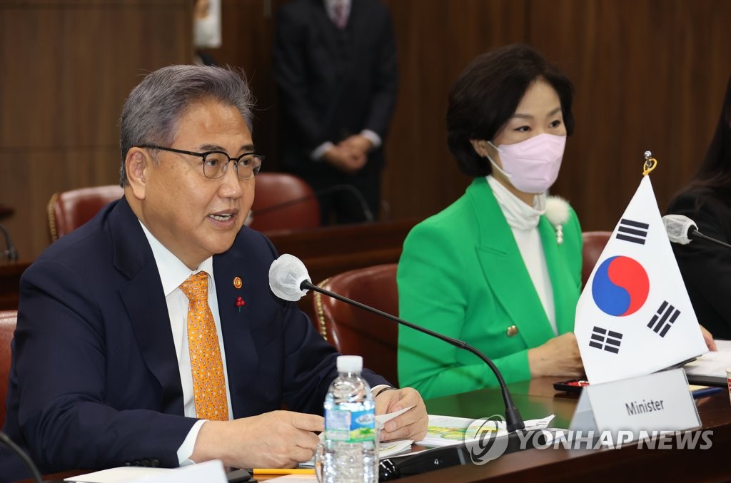 한-가봉 외교장관회담서 발언하는 박진 장관