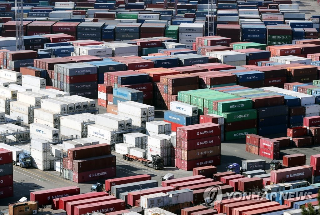 This file photo taken Jan. 10, 2023, shows containers at a port in Busan, 325 kilometers south of Seoul. (Yonhap)