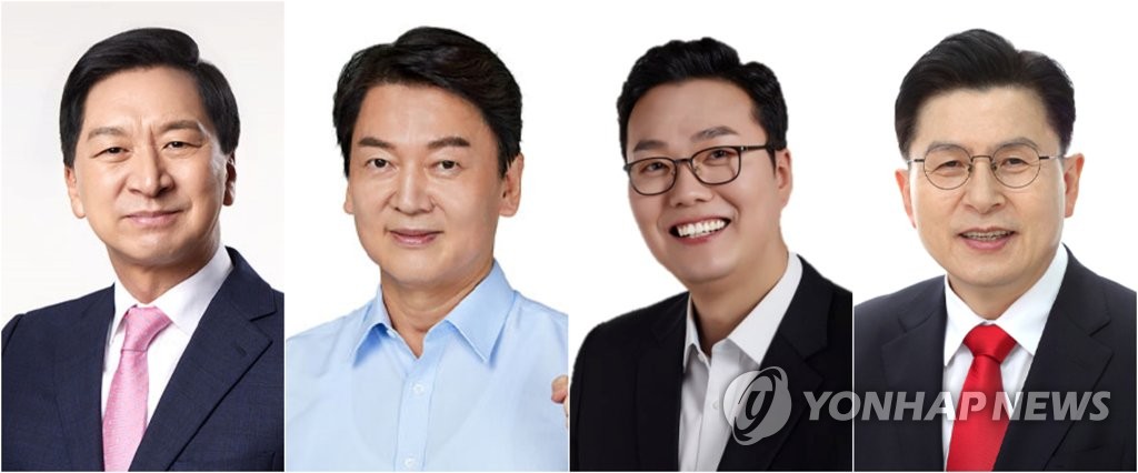 This photo, provided by the ruling People Power Party on Feb. 10, 2023, shows the final candidates for an upcoming national convention to pick a new party leader. They are Reps. Kim Gi-hyeon (L), Ahn Cheol-soo (2nd from L), Chun Ha-ram (2nd from R), an attorney affiliated with ousted chair Lee Jun-seok, and former Prime Minister Hwang Kyo-ahn. (PHOTO NOT FOR SALE) (Yonhap)