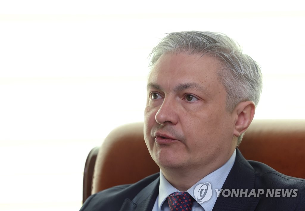 Ukrainian Ambassador to South Korea Dmytro Ponomarenko speaks during an interview with Yonhap News Agency at the Ukrainian Embassy in Seoul on Feb. 21, 2023, as the Russian invasion of Kyiv marks its first anniversary on Feb. 24. (Yonhap)