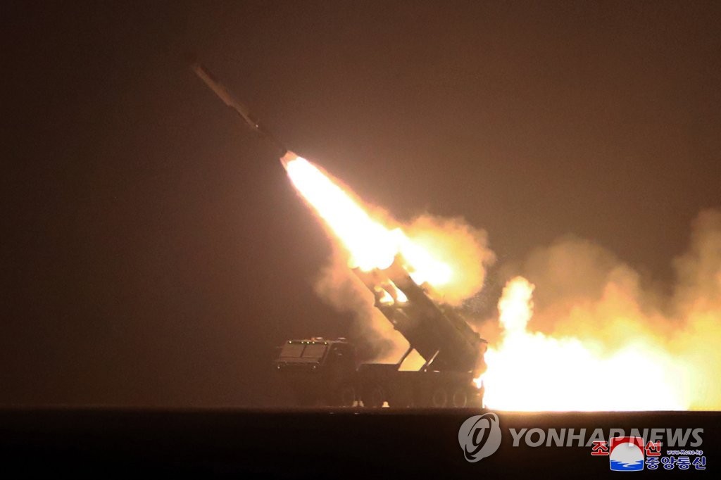 This photo, released by the North's official Korean Central News Agency (KCNA) on Feb. 24, 2023, shows the North staging "strategic cruise missile" launch drills in an area of the northeastern city of Kim Chaek the previous day. (For Use Only in the Republic of Korea. No Redistribution) (Yonhap)