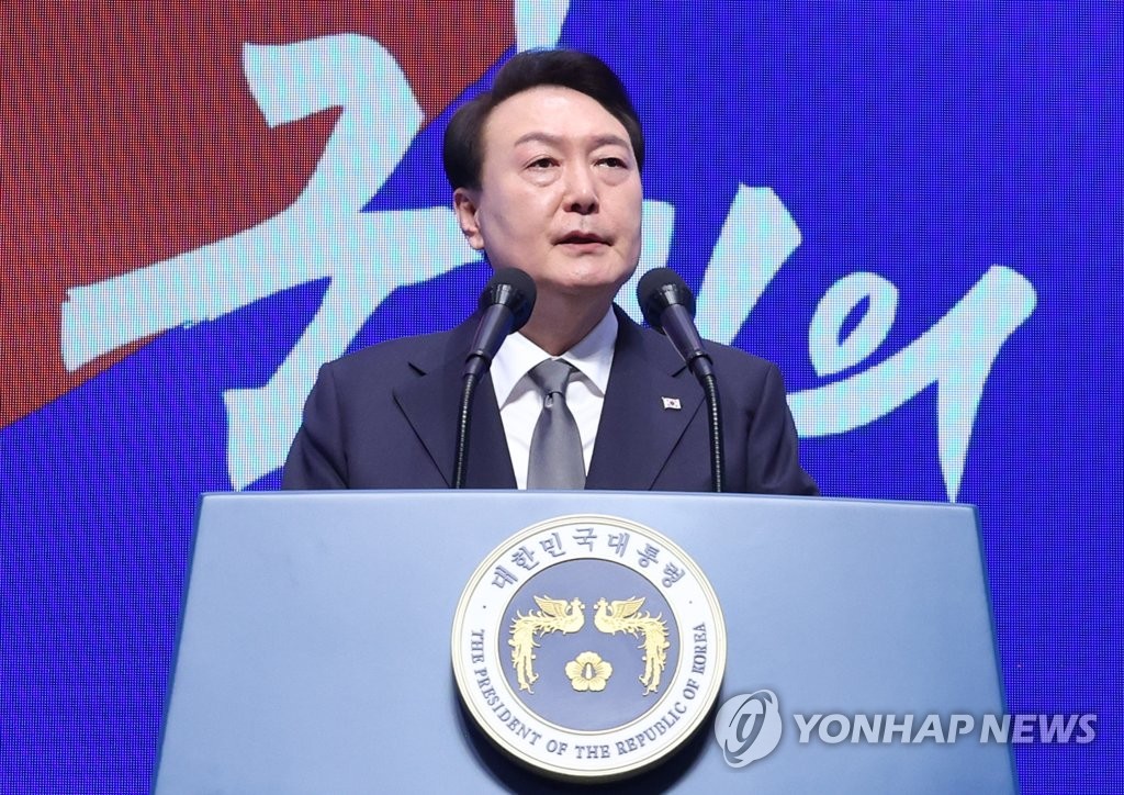 President Yoon Suk Yeol gives a speech marking the 104th anniversary of the March 1 Independence Movement at the Memorial Hall of Yu Gwan-sun in Seoul on March 1, 2023. (Yonhap)