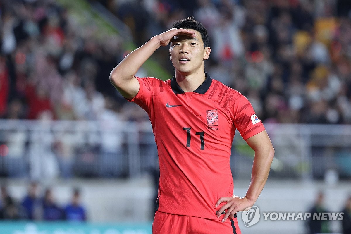 Hwang Hee-chan of South Korea celebrates his goal against Vietnam during the teams' friendly football match at Suwon World Cup Stadium in Suwon, Gyeonggi Province, on Oct. 17, 2023. (Yonhap)