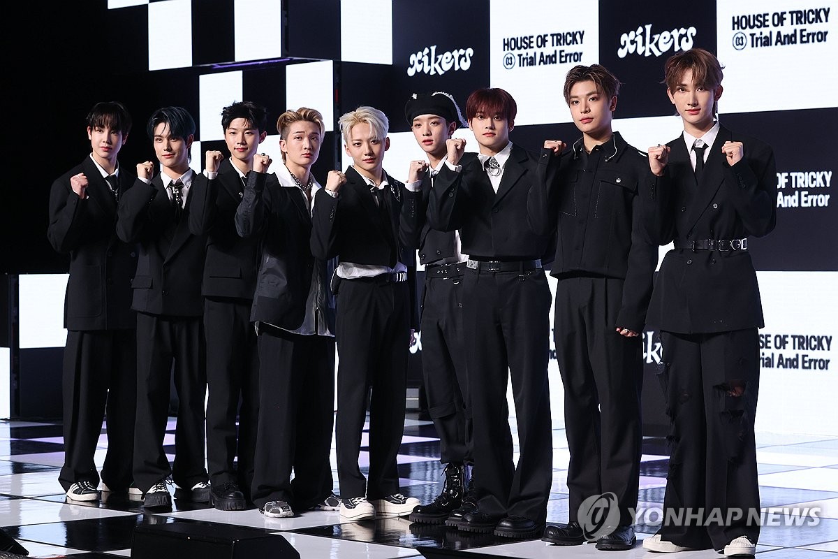 K-pop boy group xikers pose for photos during a media showcase for its upcoming third EP, "House of Tricky: Trial and Error," in Seoul on March 7, 2024. (Yonhap)