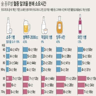  술 종류별 혈중 알코올 분해 소요시간